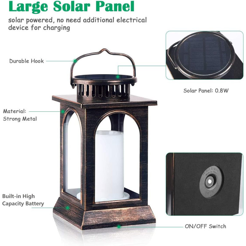 Tomcare solar lights metal flickering flame solar lantern outdoor hanging lanterns lighting heavy duty solar powered 2025
